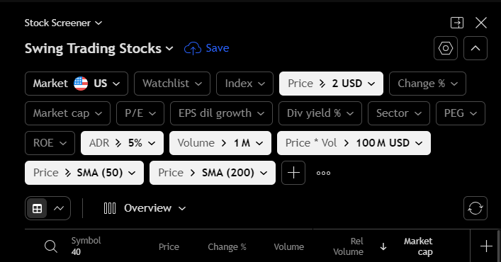 TradingView scan settings